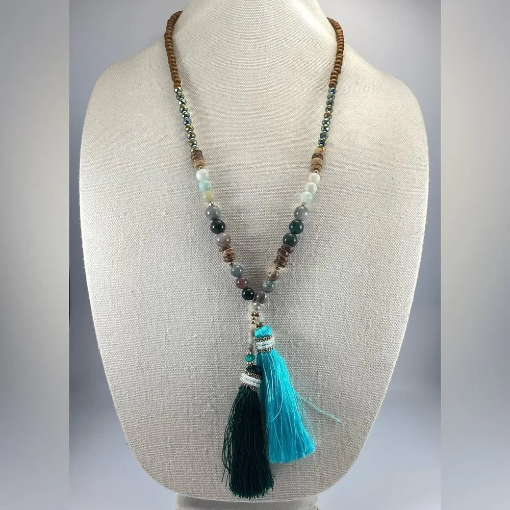 Worthington Wood Glass Stone Beaded Necklace Silk Tassel End Statement Boho
